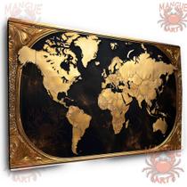 Quadro decorativo, Mapa Mundi Dourado com Arabescos Quadro de Parede em Tela Acetinada, Pronto para Pendurar Quadro decorativo, Mapa Mundi Dourado com Arabescos Quadro de Parede em Tela Acetinada, Pronto para Pendurar