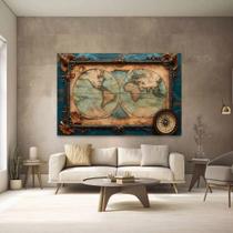 Quadro Decorativo Mapa Mundi E Bússola Lindo Luxo Tecido Canvas