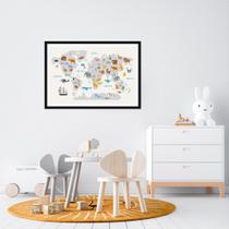 Quadro Decorativo Mapa Mundi Infantil, Animais Moldura Caixa, Preta - Casa do Arquiteto