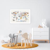 Quadro Decorativo Mapa Mundi Infantil, Animais Moldura Filete, Branca - Casa do Arquiteto