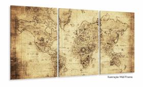 Quadro Decorativo Mapa Mundi Retro 100x60 3 peças em tecido Quadro Decorativo Mapa Mundi Retro 100x60 3 peças em tecido