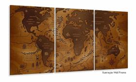 Quadro Decorativo Mapa Mundi Vintage 3 peças 120x60 sala Quadro Decorativo Mapa Mundi Vintage 3 peças 120x60 sala