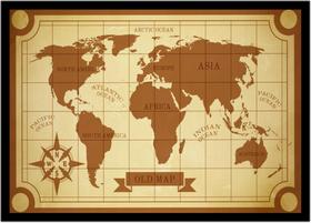 Quadro Decorativo Mapa-Múndi Vintage Artístico Continentes Salas Escritórios Com Moldura RC72