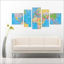 Quadro Decorativo Mapa Mundo Continentes Países Mosaico 5 Peças TT1