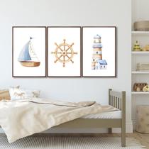 Quadro Decorativo Mar de Aventuras Infantil com Navio e Farol com 3 Telas 50x75 ou 60x90 de Parede para Quarto Sala Brinquedoteca