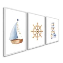 Quadro Decorativo Mar de Aventuras Infantil com Navio e Farol com 3 Telas 60x90cm para Quarto Sala Sem Vidro Quadro Decorativo Mar de Aventuras Infantil com Navio e Farol com 3 Telas 60x90cm para Quarto Sala Sem Vidro