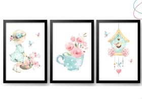 Quadro Decorativo Menina Infantil Aquarela Flores Passarinho Quadro Decorativo Menina Infantil Aquarela Flores Passarinho