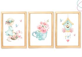 Quadro Decorativo Menina Infantil Aquarela Flores Passarinho