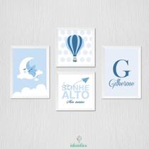 Quadro Decorativo Menino Lua com Balão e Nome Personalizado - Kit com 4 Quadros