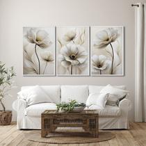 Quadro Decorativo Modelo Floral Ii com 3 Telas de Parede para Sala Quarto Escritório 60cm X 90cm Branco