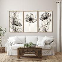 Quadro Decorativo Modelo Floral Iii com 3 Telas de Parede para Sala Quarto Escritório 60cm X 90cm Com Vidro