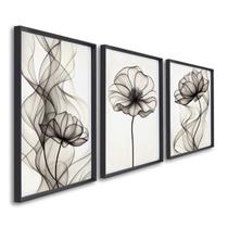 Quadro Decorativo Modelo Floral Iii com 3 Telas de Parede para Sala Quarto Escritório 60cm X 90cm Com Vidro