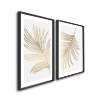 Quadro Decorativo Modelo Folha Dourada com 2 Telas para Sala, Quarto, Escritório 60cm X 90cm Com Vidro