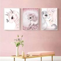 Quadro Decorativo Mosaico 3 Peças Unicórnio Baby Fofo.
