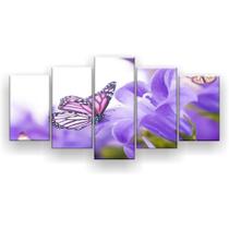 Quadro Decorativo Mosaico 5 Peças Borboleta Flor Lilás