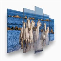 Quadro Decorativo Mosaico 5 peças Cavalos Brancos Água