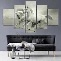 Quadro Decorativo Mosaico 5 Peças Cavalos Brancos Correndo