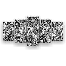 Quadro Decorativo Mosaico 5 Peças Flores Contorno Preto