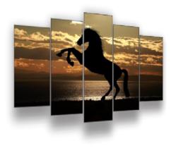 Quadro Decorativo Mosaico 5 Peças Mod086 Cavalo Por Do Sol