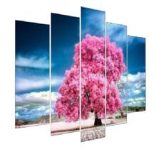 Quadro Decorativo Mosaico 5 Peças Mod998 Árvore Rosa Céu