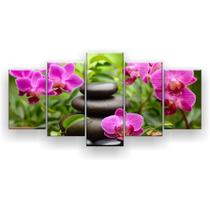 Quadro Decorativo Mosaico 5 Peças Orquídeas Fúcsia Pedras