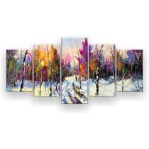 Quadro Decorativo Mosaico 5 Peças Pintura Árvores Secas Neve