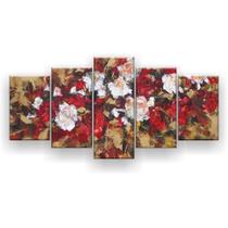 Quadro Decorativo Mosaico 5 Peças Rosas Brancas E Vermelhas - EXCELÊNCIA-QUADROS