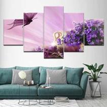 Quadro Decorativo Mosaico De 5 Peças Flores E Borboleta Roxa