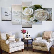 Quadro Decorativo Mosaico De 5 Peças Flores Rosas Brancas