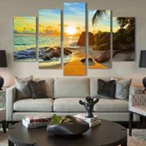 Quadro Decorativo Mosaico De 5 Peças Praia Pedras Por Do Sol