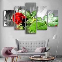 Quadro Decorativo Mosaico De 5 Peças Rosa Vermelha Caída