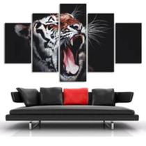 Quadro Decorativo Mosaico De 5 Peças Tigre Rugindo