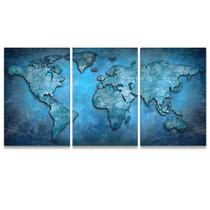 Quadro Decorativo Mosaico Kit 3 Telas para Sala Mapa Azul