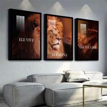 Quadro Decorativo Mosaico Leão Ele Reina, Ele Vive, Ele Voltará Sala Quarto Escritório