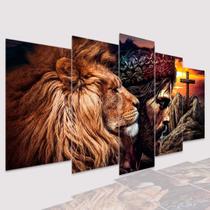 Quadro Decorativo mosaico Leão Judá, Cristo e Cruz Pôr do Sol