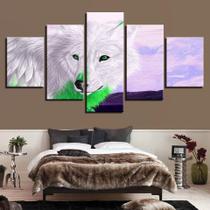 Quadro Decorativo Mosaico Lobo Branco Olhos Verdes 5 Peças