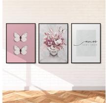 Quadro Decorativo Mulher Borboleta Amor para Sala Quarto Kit 3 peças 20x30cm