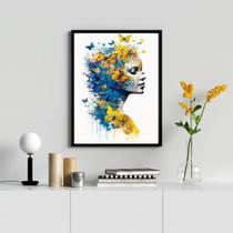 Quadro Decorativo Mulher Borboletas Azul E Amarelo 33x24cm