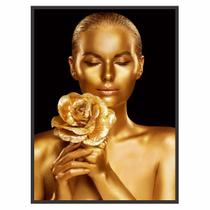 Quadro Decorativo Mulher Dourada com Flor 90x60 Sala Quarto
