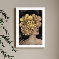 Quadro Decorativo Mulher Flor Dourada Moldura Branca - Inove Papéis de Parede