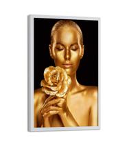 Quadro Decorativo Mulher Flor Rosa e Dourada Quarto 40x60cm