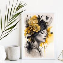Quadro Decorativo Mulher Flores 45x34cm - Vidro e Moldura Preta