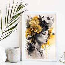 Quadro Decorativo Mulher Flores Amarela 24x18cm com Vidro