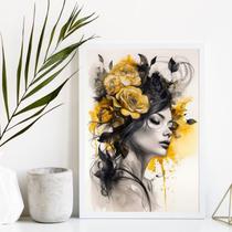 Quadro Decorativo Mulher Flores Amarela E Preto 33x24cm - com vidro