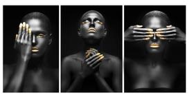 Quadro Decorativo Mulheres Negras Maquiagem Dourada Grande Kit - 3 telas 60x40