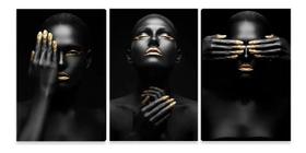 Quadro Decorativo Mulheres Negras Maquiagem Dourada Grande Kit - 3 telas 60x90