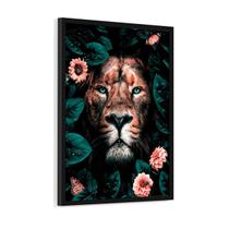 Quadro Decorativo O Rei Da Selva Face Leão Flores 60x40cm