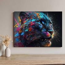 Quadro Decorativo Onça Colorida Fundo Preto Tecido Canvas