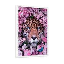 Quadro Decorativo Onça Pintada Flores Rosas Natureza 60x40cm