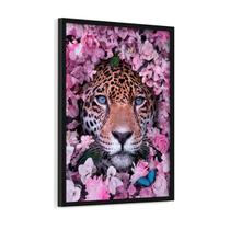 Quadro Decorativo Onça Pintada Flores Rosas Natureza 60x40cm